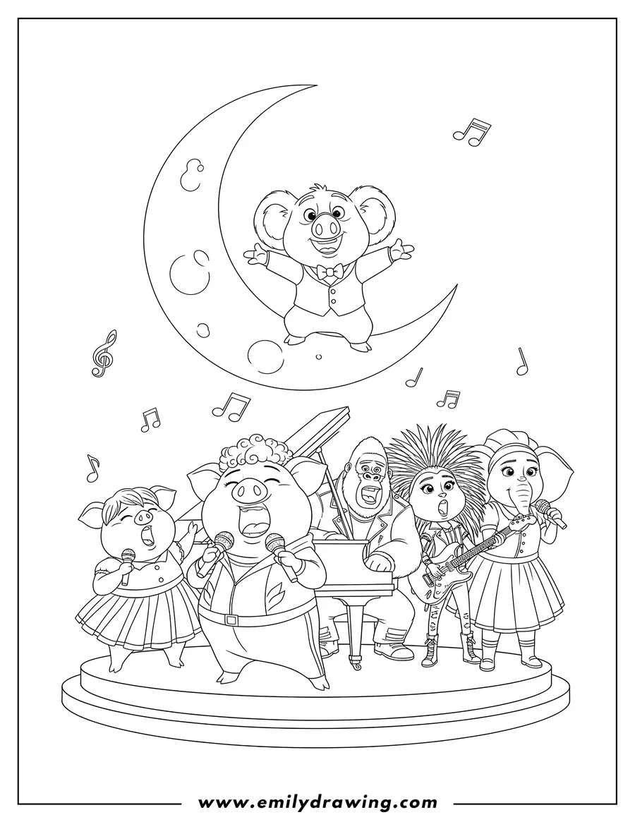 Free to print drawing of gunter Rosita Buster Moon Johnny Ash And Meena Sing Poster, with Gunter singing with an open mouth and Buster Moon above