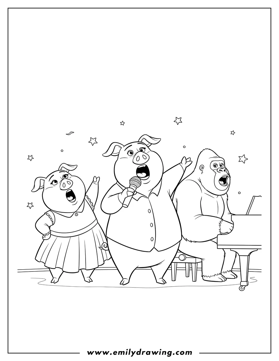 Black and white line art of sing Movies Gunter, Rosita, and Johnny singing together