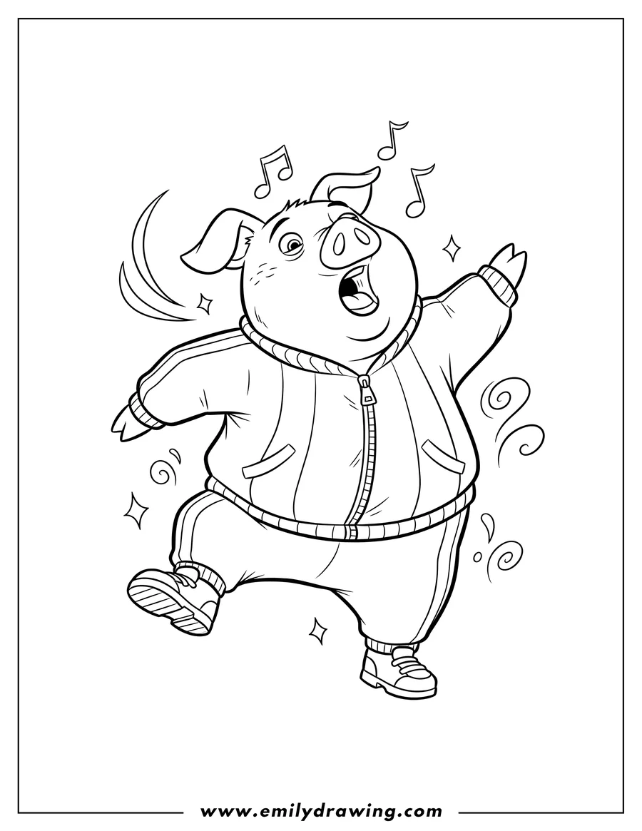 Coloring page of gunter the pig singing with mouth open and dancing in a tracksuit
