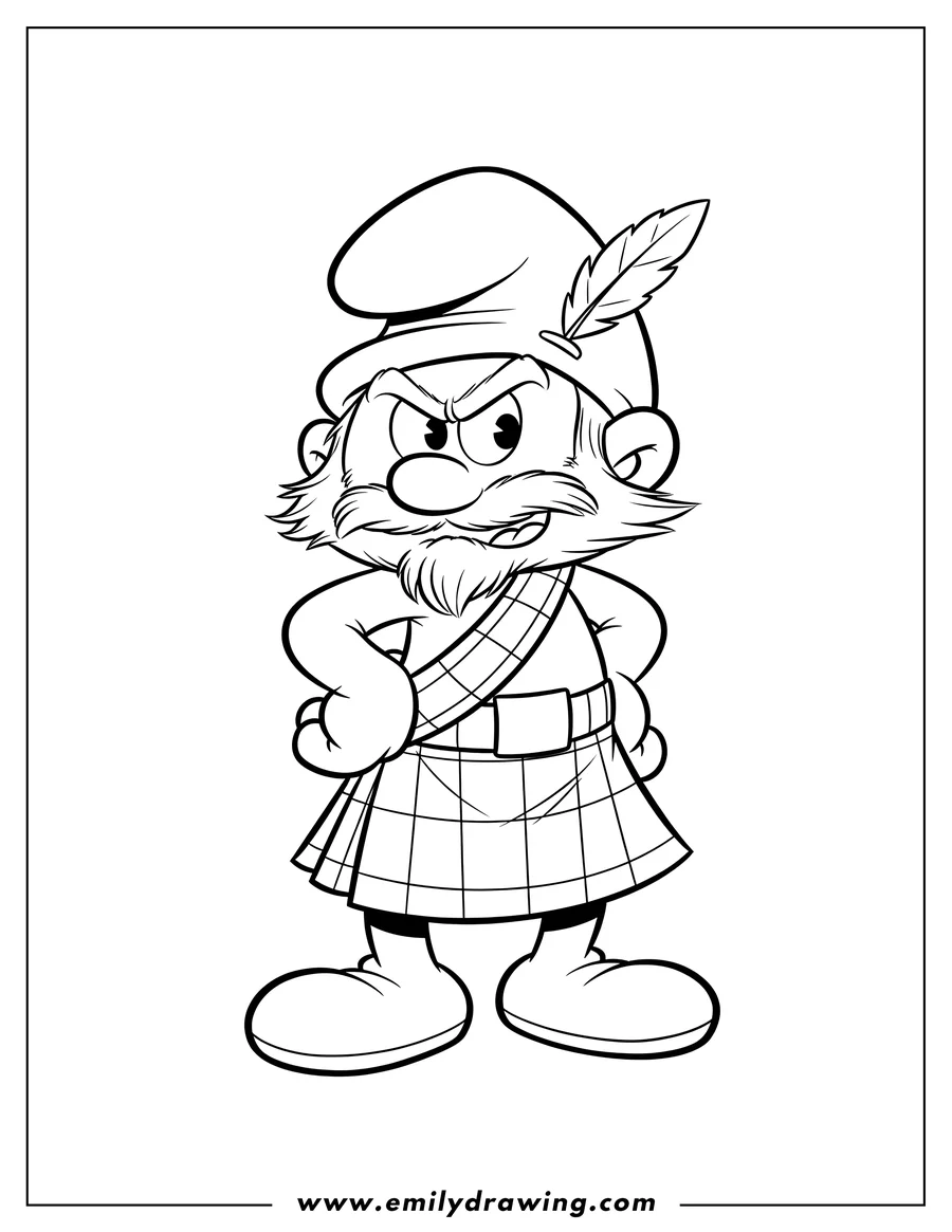 Clean line drawing: easy Outline Gutsy Smurf wearing a kilt and plaid sash