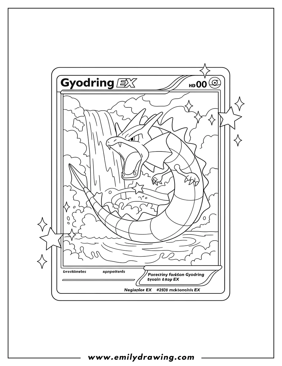 Linear illustration of gyarados EX roaring on a Waterfall Pokemon Card with sparkle effects