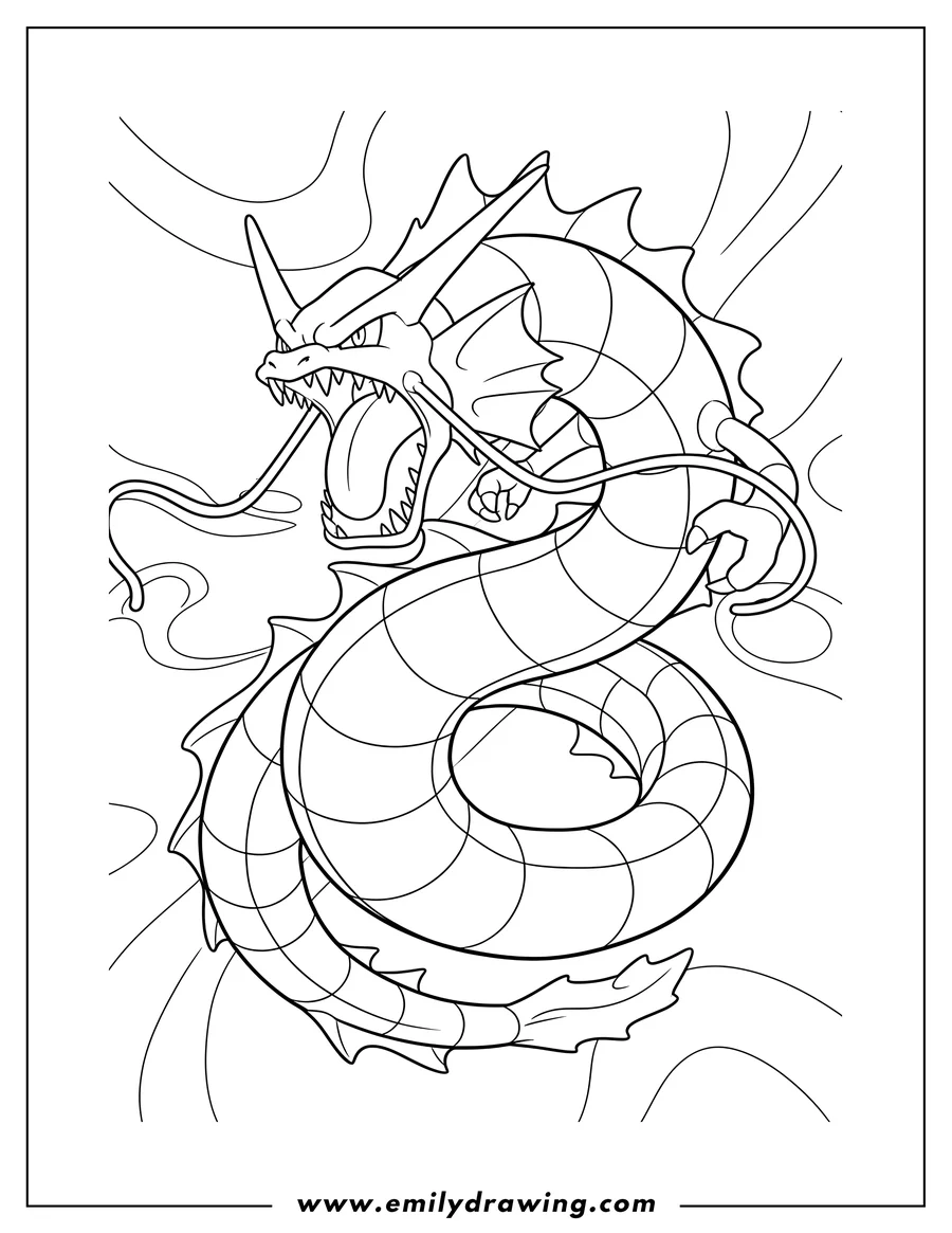 Black and white line art of gyarados roaring with open mouth in a coiled pose on a Pokemon card