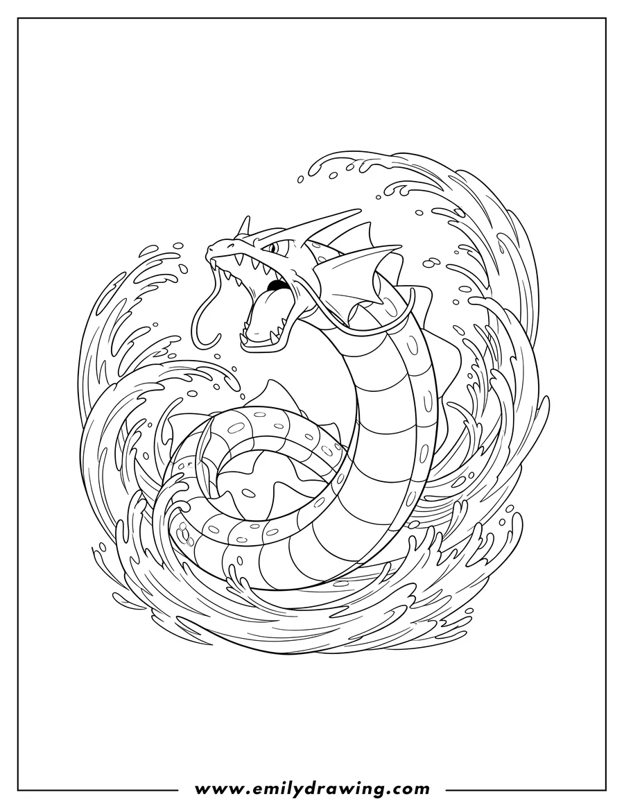 PDF style coloring page: gyarados roaring with big water splashes