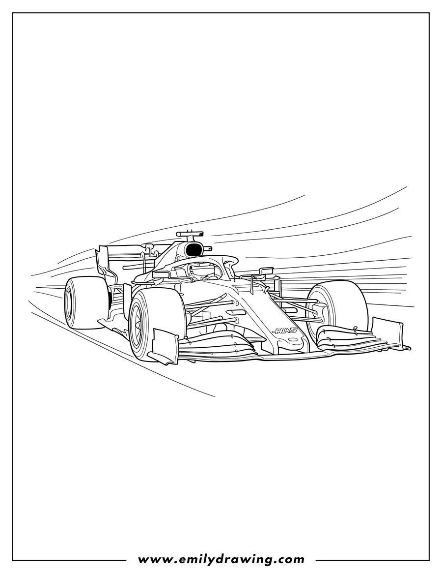 Black and white line art of F1 Haas Vf 22 Race Car speeding forward