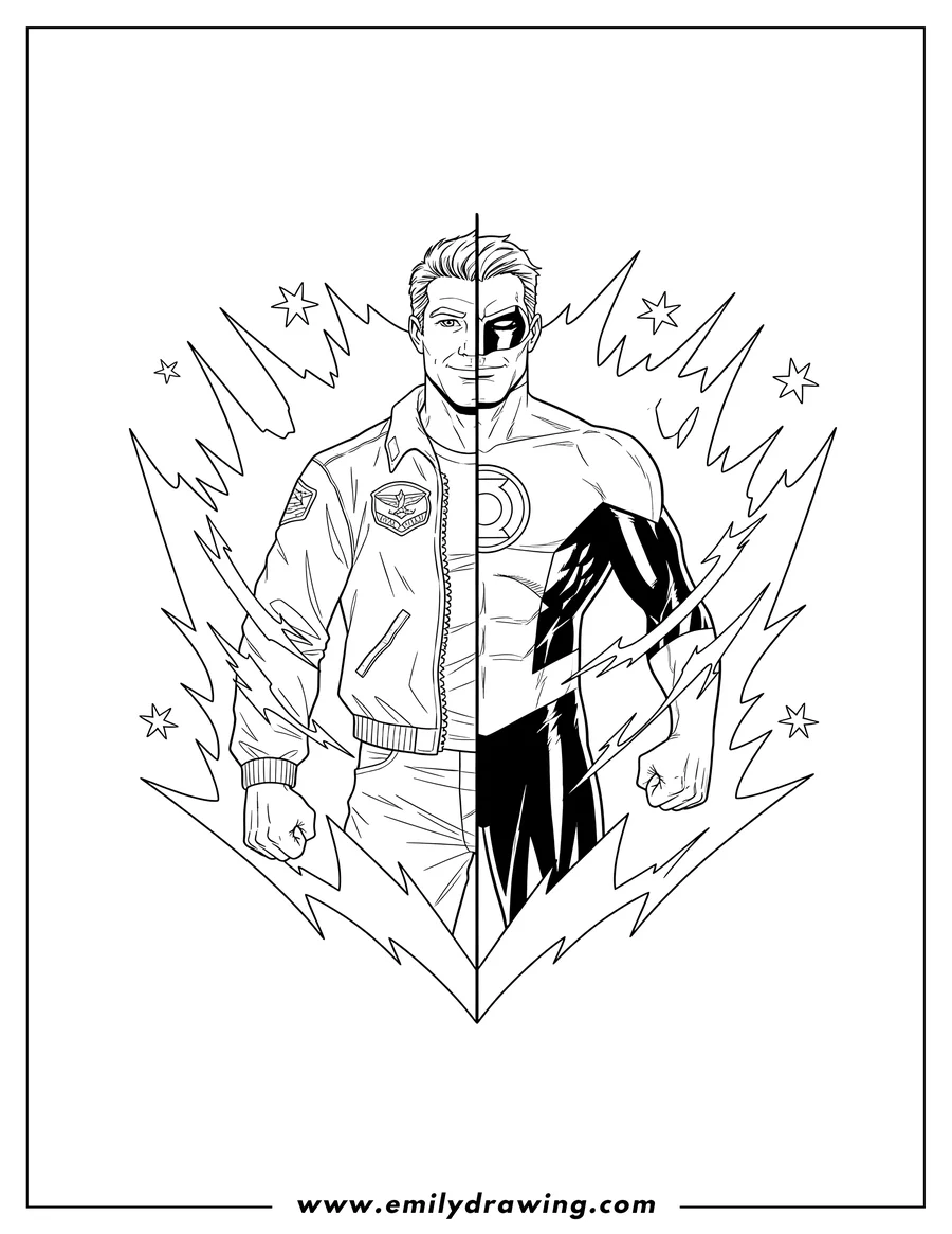 Coloring page of hal Jordan transforming into Green Lantern, half in pilot jacket, half in superhero suit, with energy effects