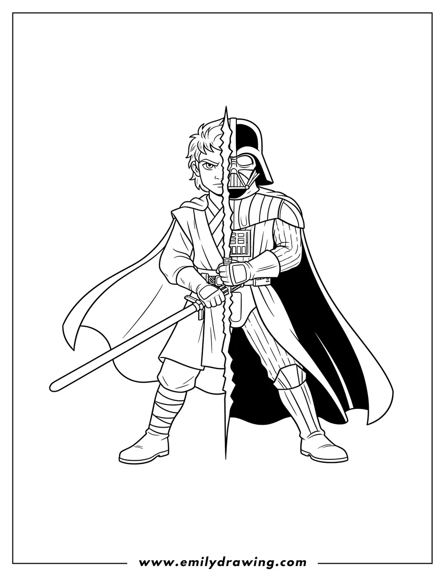 Doodle style coloring picture of half Anakin Skywalker Half Darth Vader, split by a jagged line, holding a lightsaber