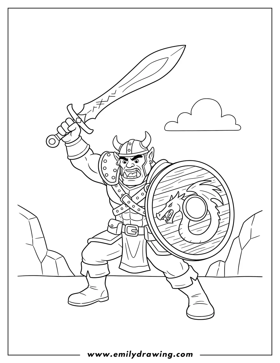 Downloadable coloring page of dungeons And Dragons Half Orc yelling with a sword and shield in an attacking pose