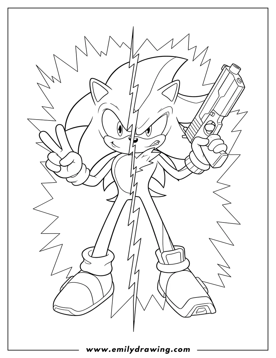 Free printable coloring sheet of half Sonic And Half Shadow Fight Mode, Sonic making a peace sign, Shadow holding a gun