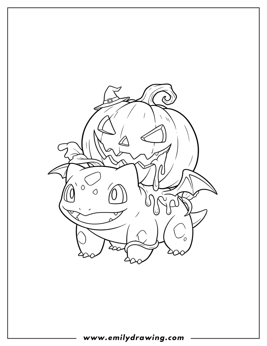 Free to print drawing of halloween Bulbasaur smiling, carrying a scary jack-o'-lantern with slime dripping from its mouth