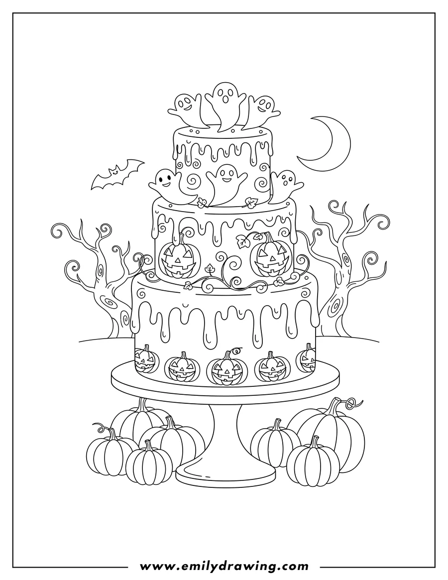 Printable line art of A Halloween three-tiered cake with dripping icing, decorated with ghosts and jack-o'-lanterns, on a cake stand with pumpkins at its base, set in a haunted forest
