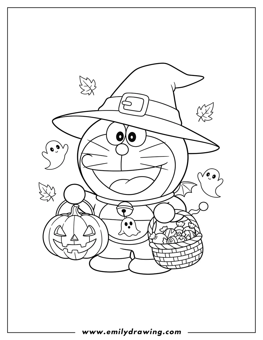 Downloadable coloring page of halloween Doraemon wearing a hat, holding a Jack-o'-lantern and a trick-or-treat basket