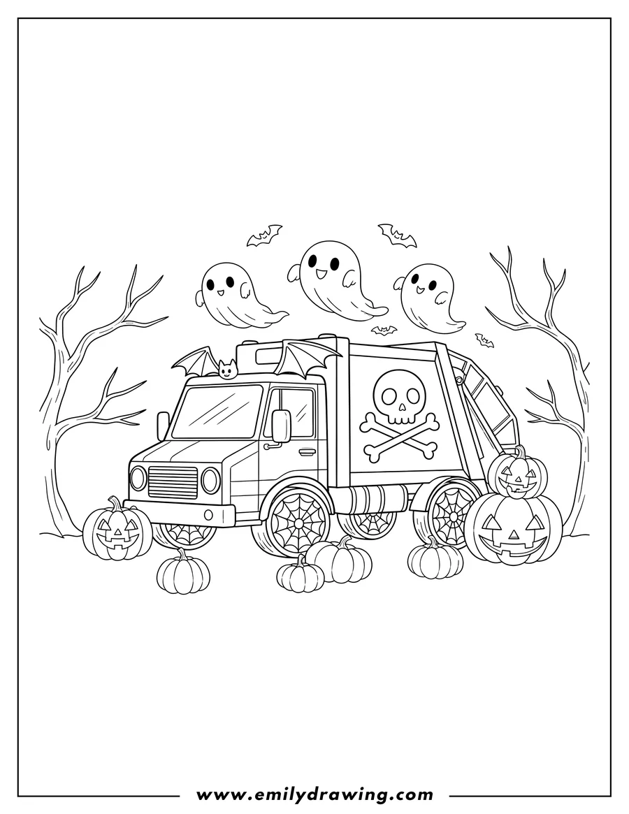 PDF style coloring page: A Halloween garbage truck with floating ghosts and pumpkins on the ground