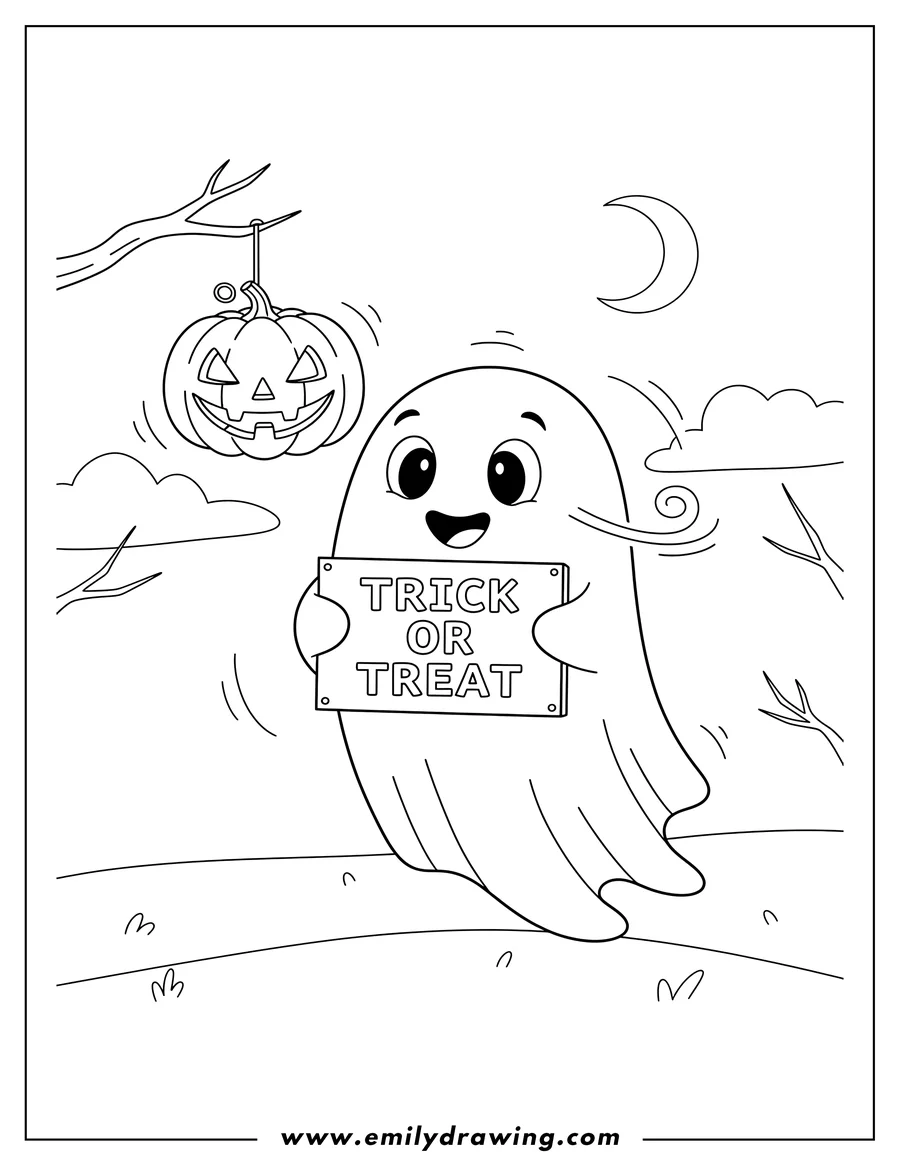Black and white line art of halloween ghost smiling and holding a 'TRICK OR TREAT' sign, with a hanging carved pumpkin lantern