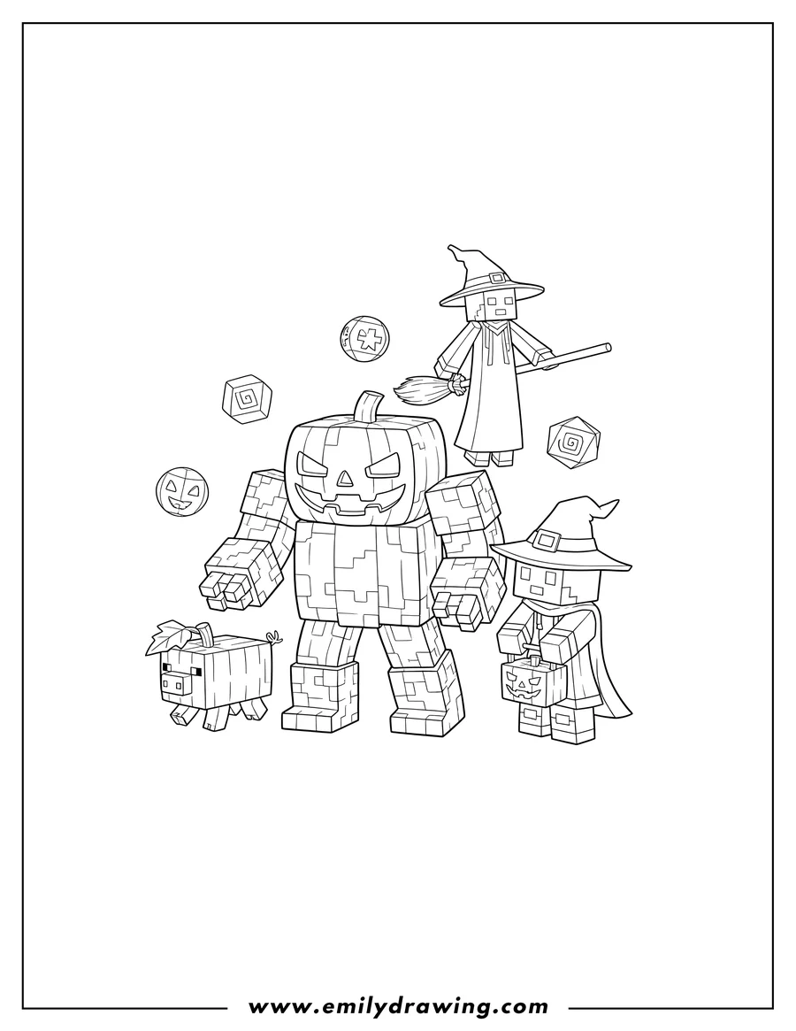 Free to print drawing of halloween Inspired Minecraft Scaled figures: a pumpkin golem, a player, a pumpkin pig, and a witch, with floating pixelated orbs