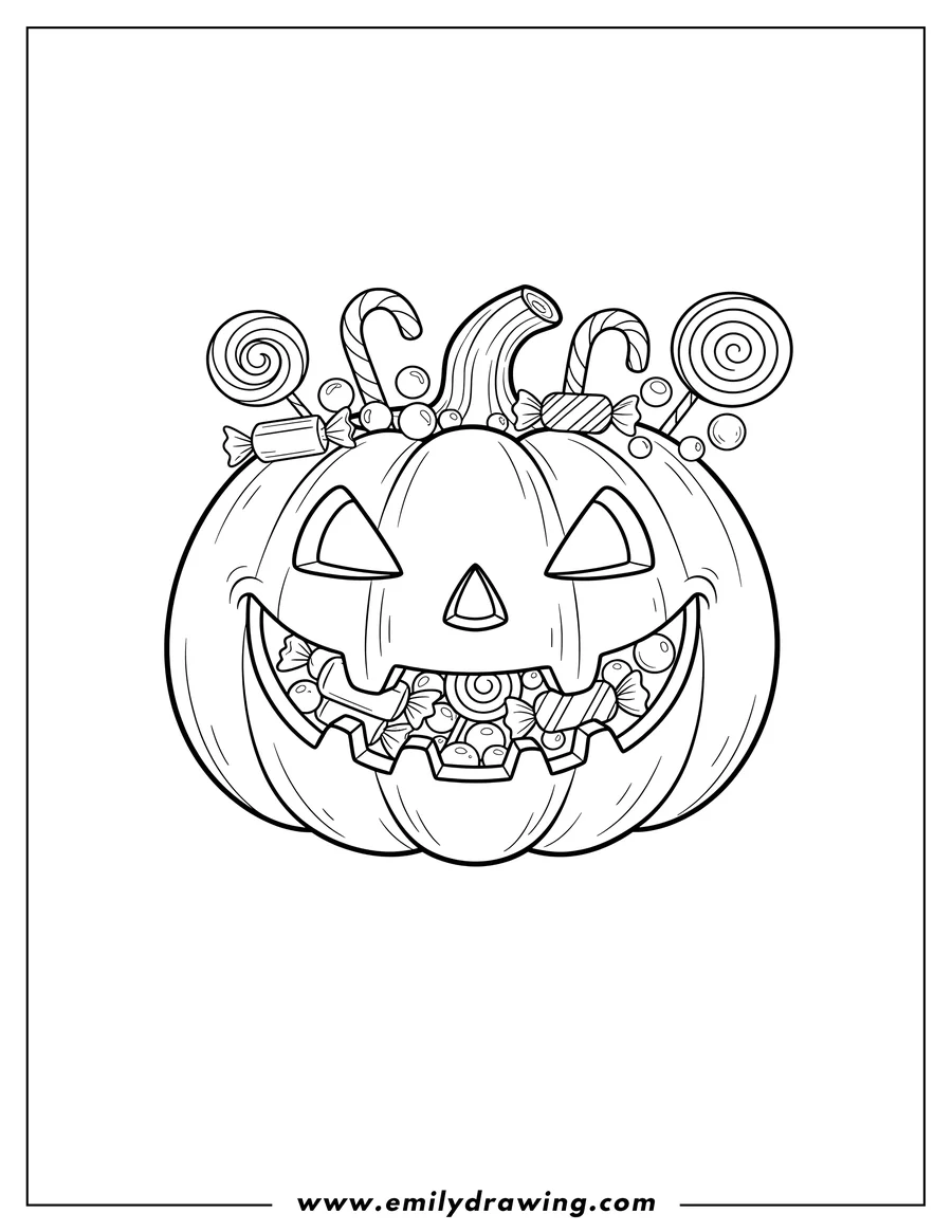 Linear illustration of halloween Jack O Lantern with carved face full of assorted candy, lollipops, and candy canes
