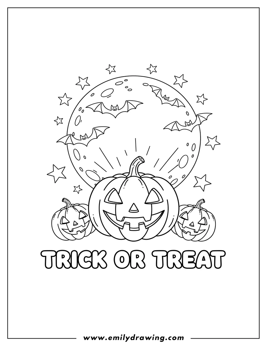Free to print drawing of halloween jack-o'-lanterns, bats, and stars with a TRICK OR TREAT message under a full moon