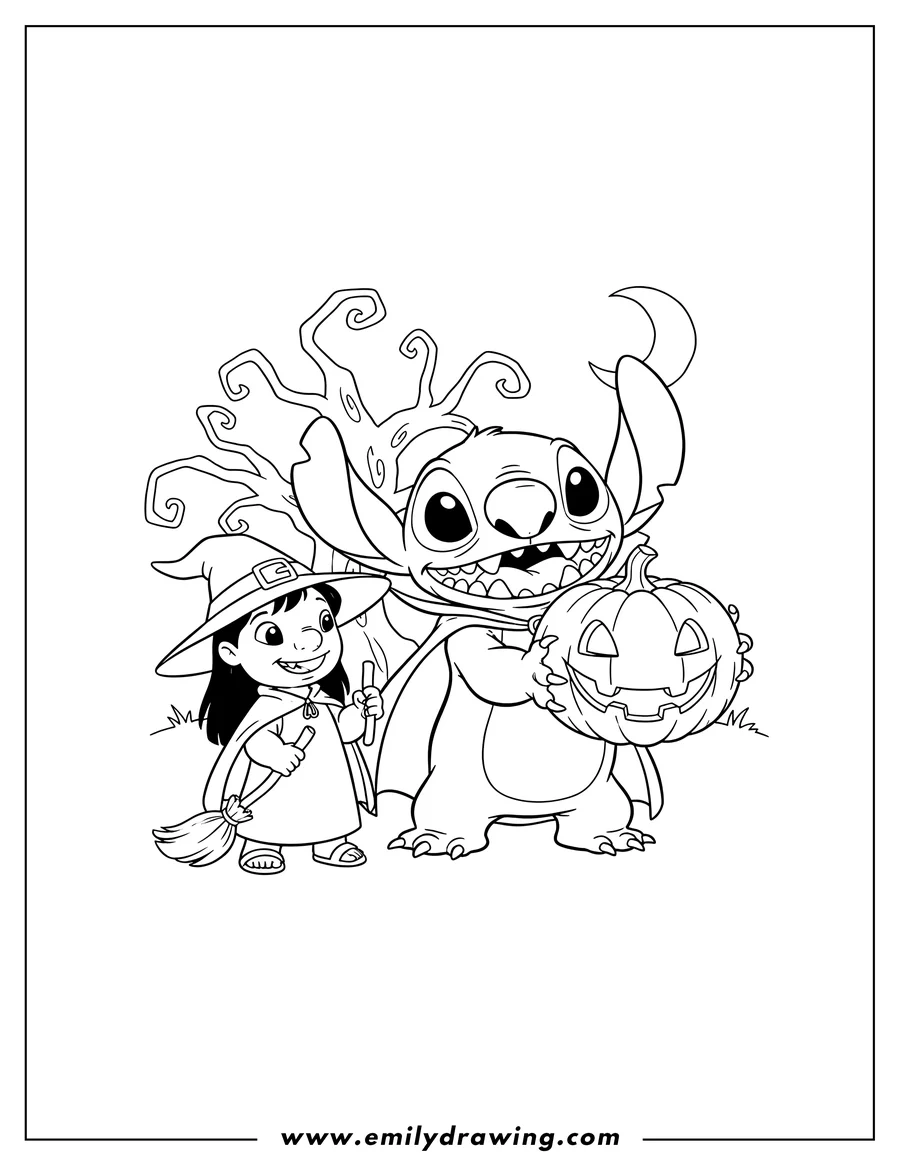 Coloring sheet featuring halloween Themed Lilo And Stitch Scaled, with Stitch dressed as a vampire, Lilo as a witch, and a carved pumpkin