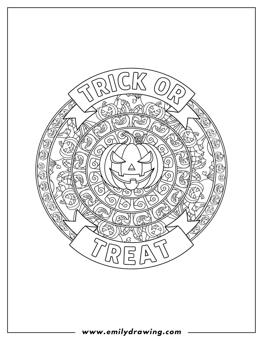 PDF style coloring page: halloween Mandala with 'TRICK OR TREAT' banners, jack-o'-lanterns, and bats