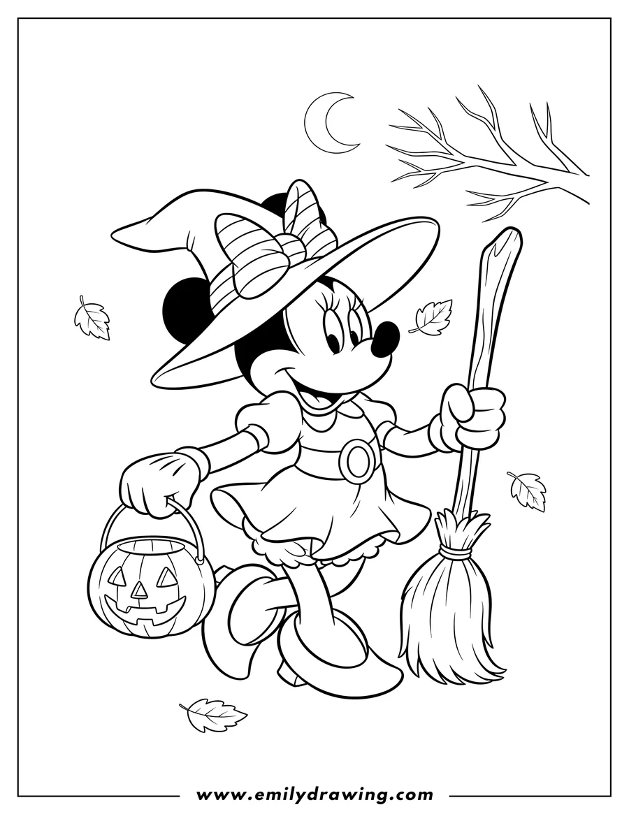 Outline drawing of halloween Themed Minnie Mouse dressed as a witch, holding a jack-o'-lantern candy bucket and a broomstick, walking