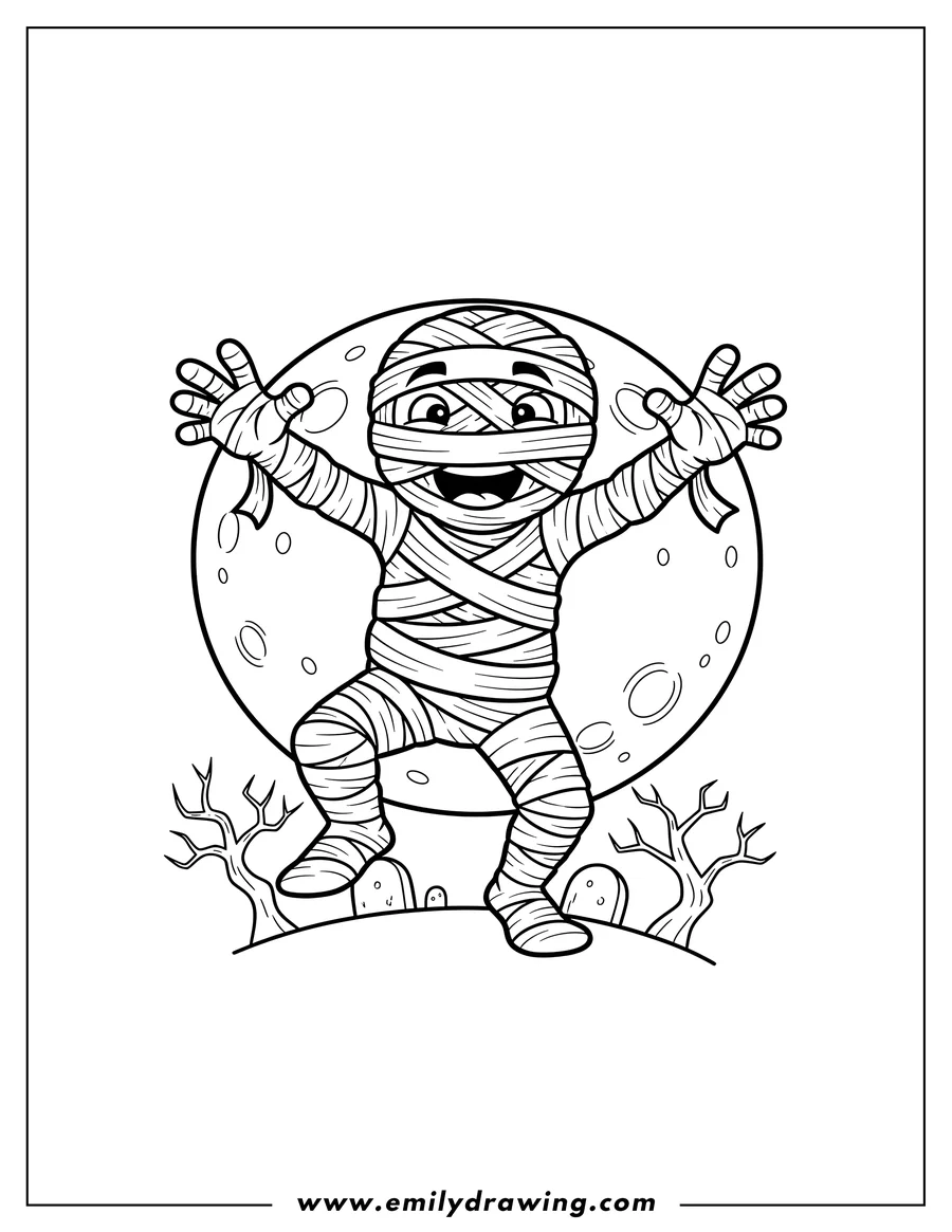 Free to print drawing of halloween Mummy, lurching forward with raised arms and open mouth, under a Full Moon