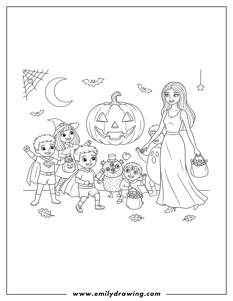 Vector style outline of halloween Party With Jack O Lantern, featuring costumed guests