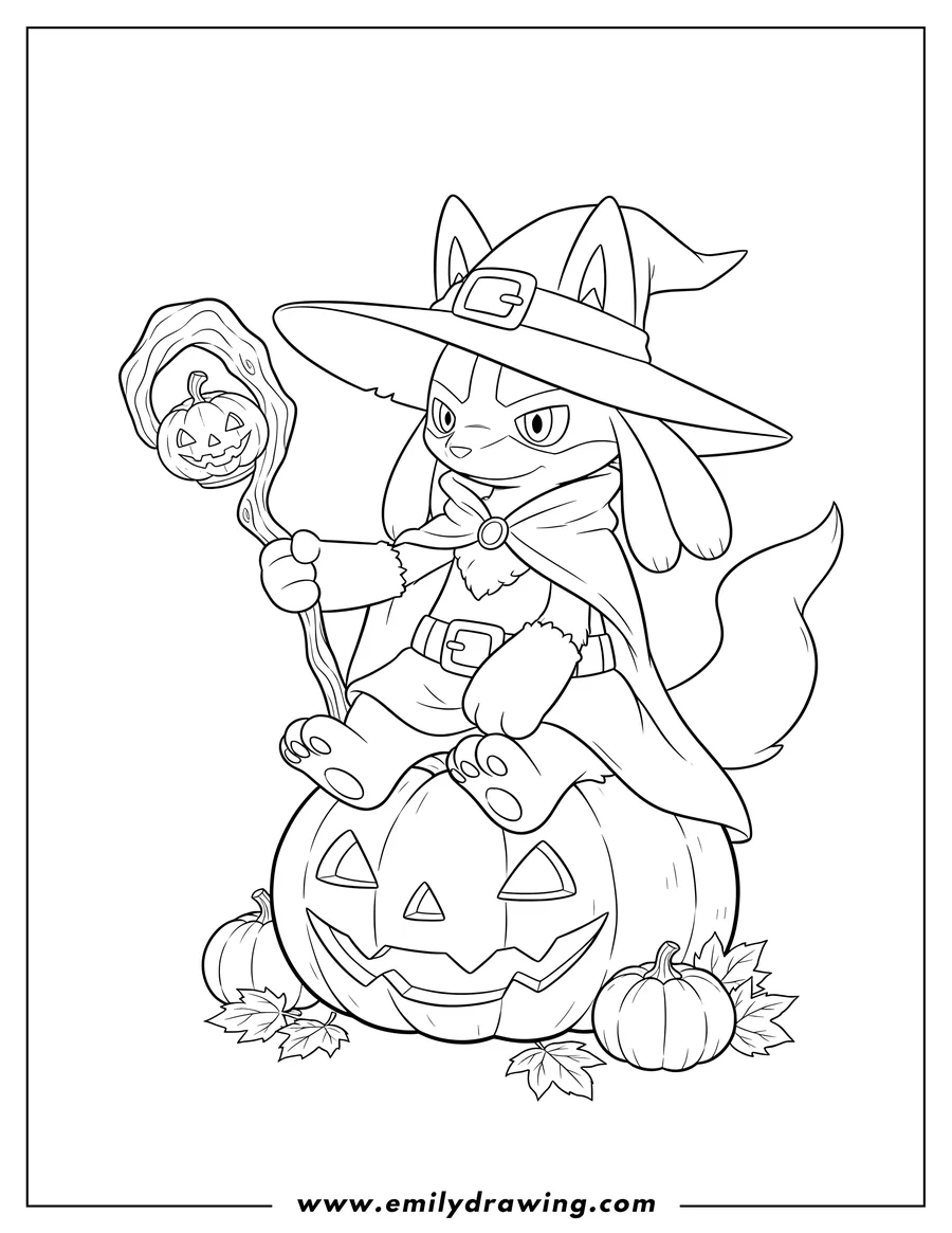 Downloadable coloring page of halloween Pokemon Lucario in a witch costume, sitting on a Jack O Lantern and holding a staff