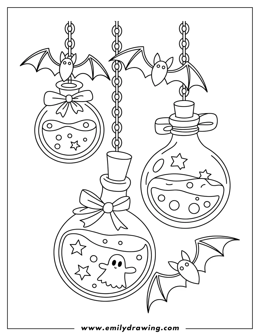 Line art of three hanging potion bottles with bats. One bottle contains a cute ghost, and all bottles have stars and bubbles.