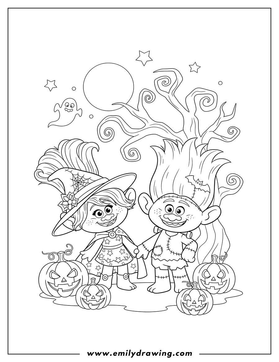 Doodle style coloring picture of halloween Themed Trolls Poppy and Branch standing together with pumpkins