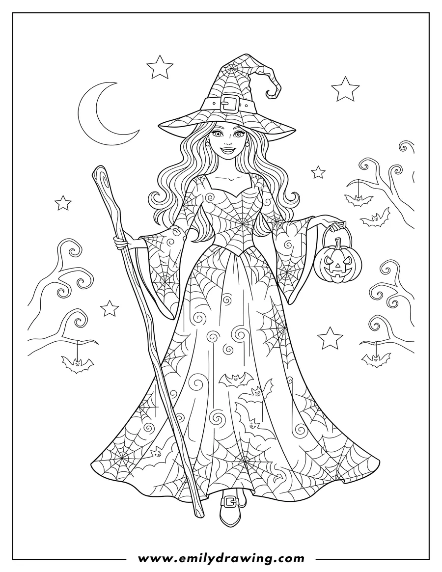 Full page coloring image of halloween Themed Witch Barbie with a witch hat, long hair, and a spiderweb dress