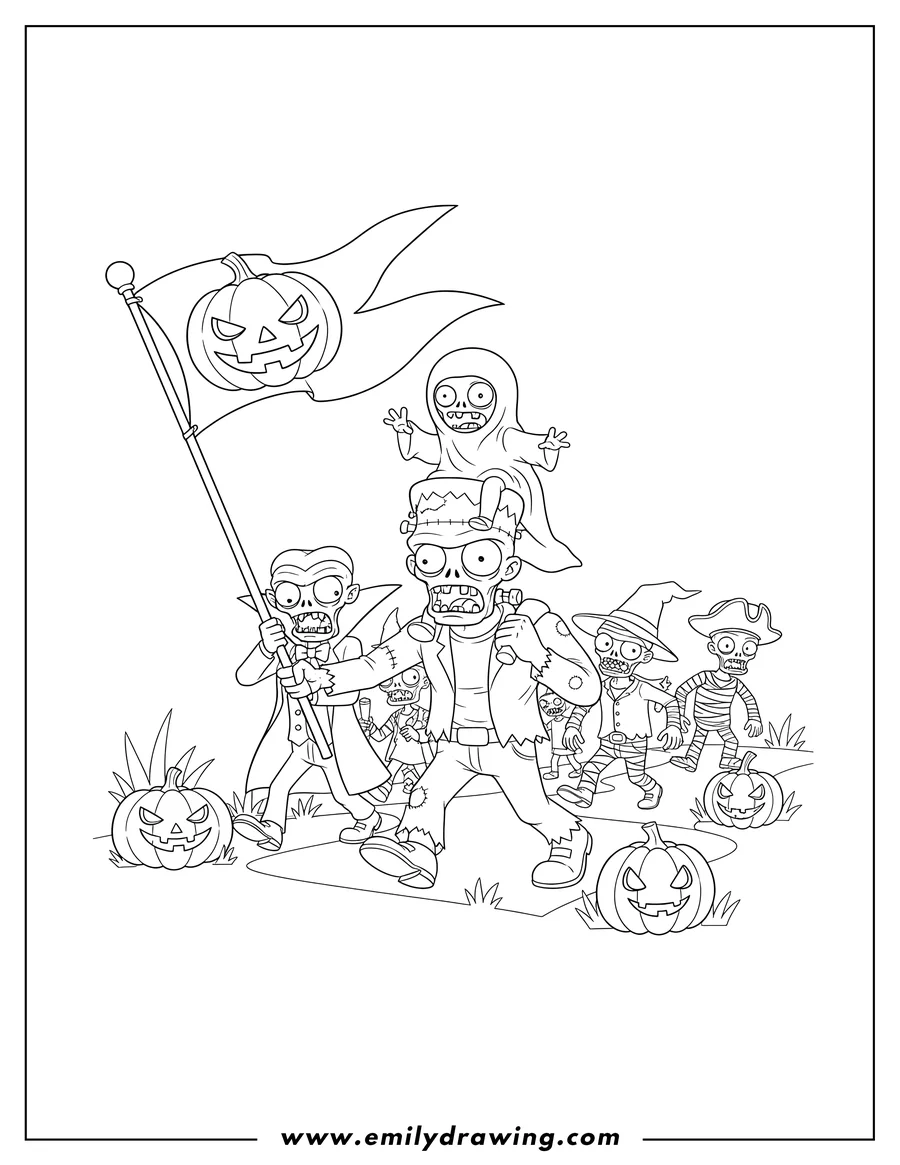 High quality printable halloween Themed Plants Vs Zombies, featuring a parade of costumed zombies, including a Frankenstein zombie carrying a smaller zombie, and one zombie holding a pumpkin flag for coloring