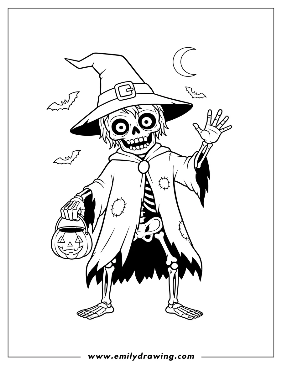 Downloadable coloring page of halloween Themed Zombie in a witch hat with a visible skeleton