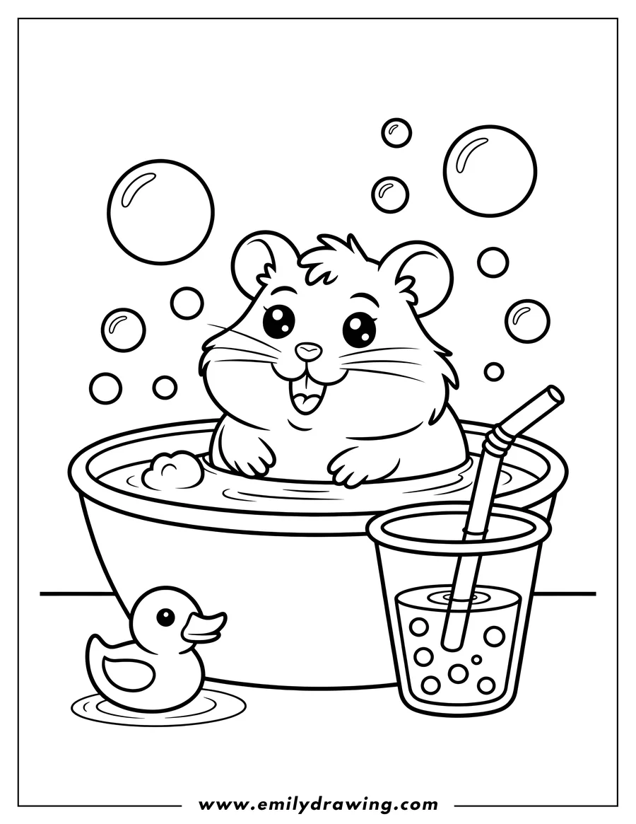 Line art of a cheerful hamster in a large cup resembling bubble tea, surrounded by bubbles, with a small rubber ducky swimming nearby.
