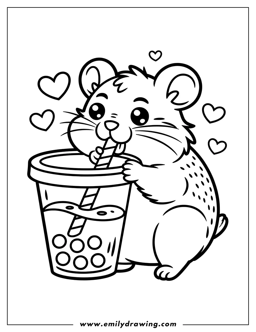 Outline of a cute hamster with big eyes holding and drinking from a boba tea cup with a straw, surrounded by small heart shapes.