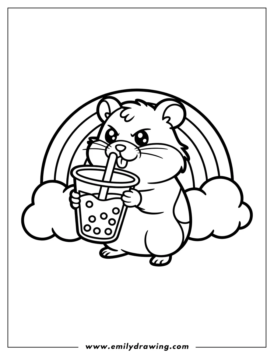 Line art of a hamster drinking boba tea with its tongue out, standing in front of a rainbow and two clouds.