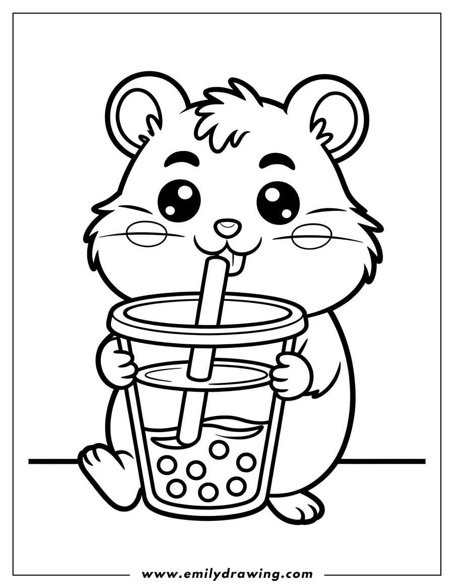 Line art of a happy hamster with large eyes, holding and drinking boba tea through a straw, with a tongue peeking out.
