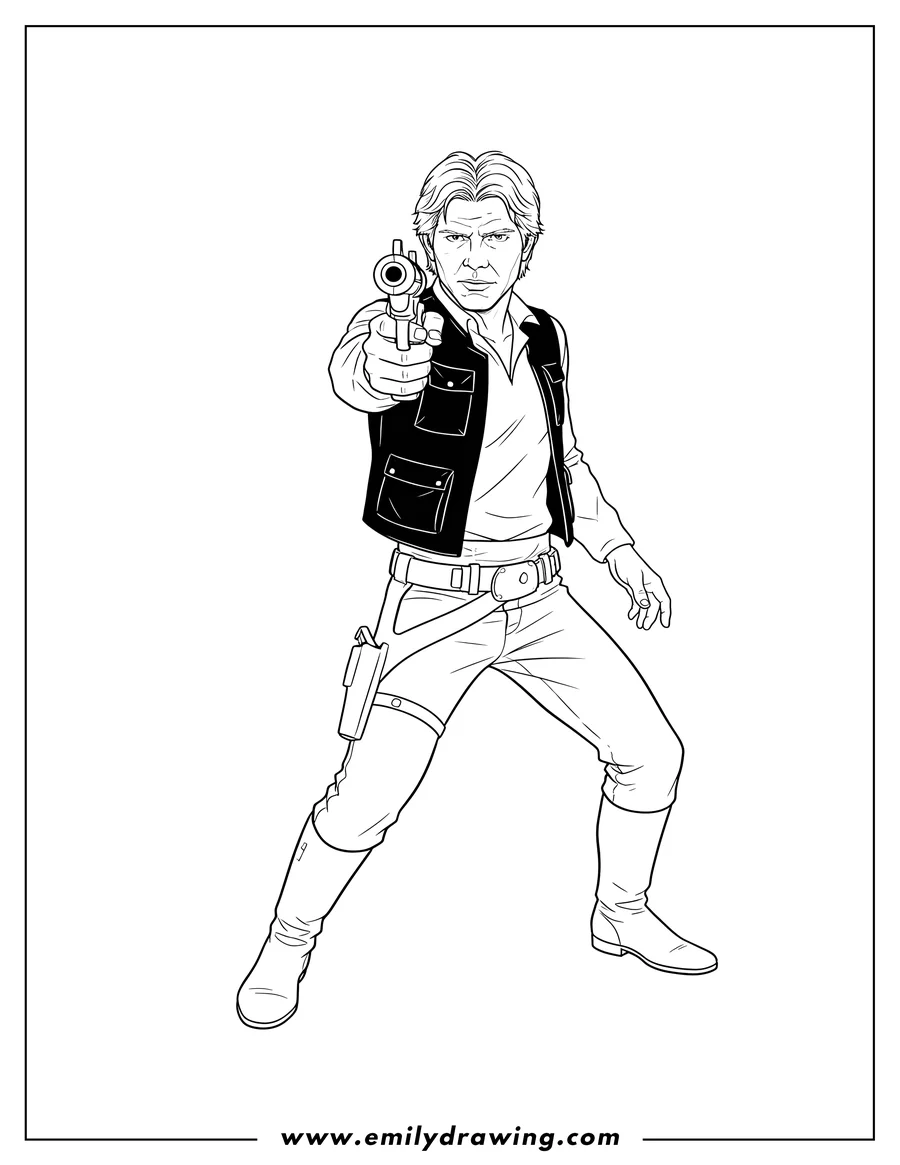 Coloring page for kids: han Solo Shooting Blaster Pistol, aiming forward and wearing his vest