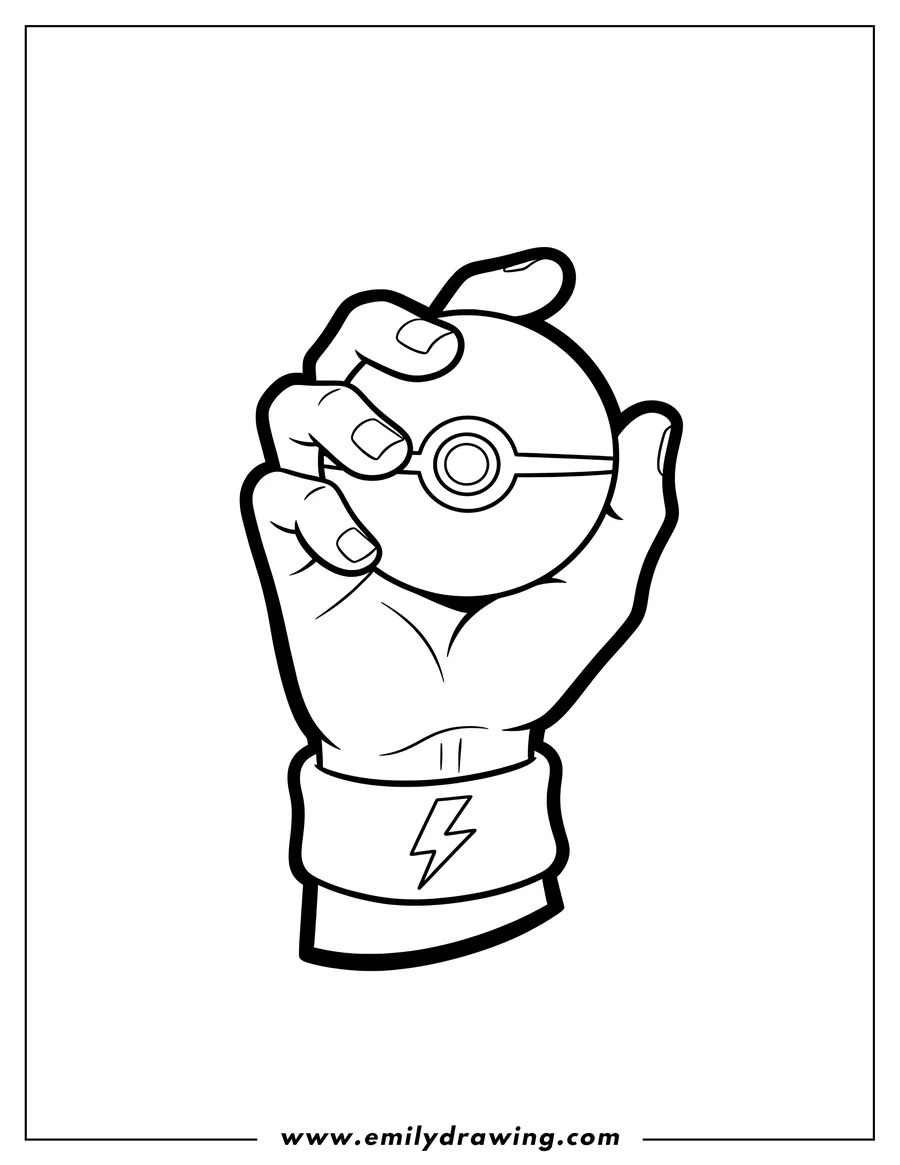 Free to print drawing of hand gripping a Pokeball with a wristband