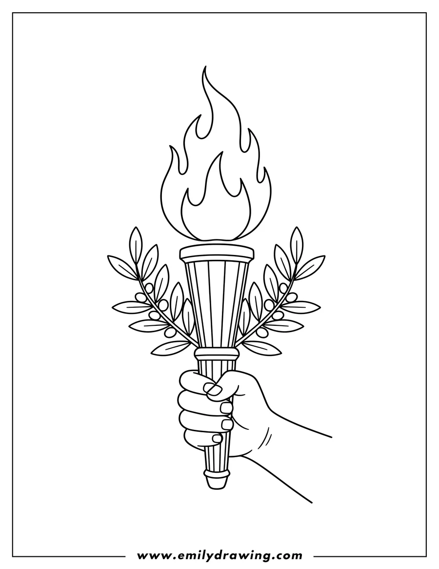 Printable coloring page of A hand holding an Olympic torch with flames and olive branches