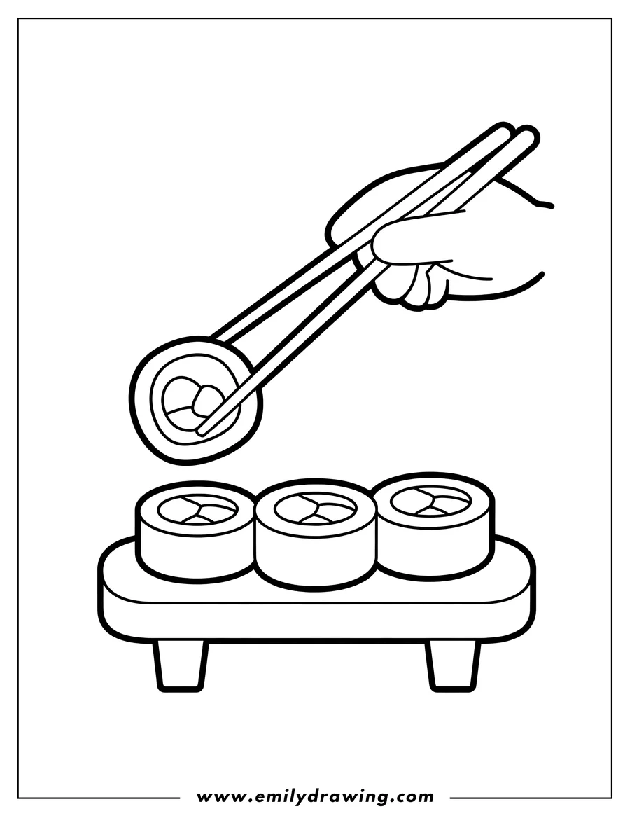 Line art of a hand using chopsticks to pick up a sushi roll from a small serving tray with two other rolls.