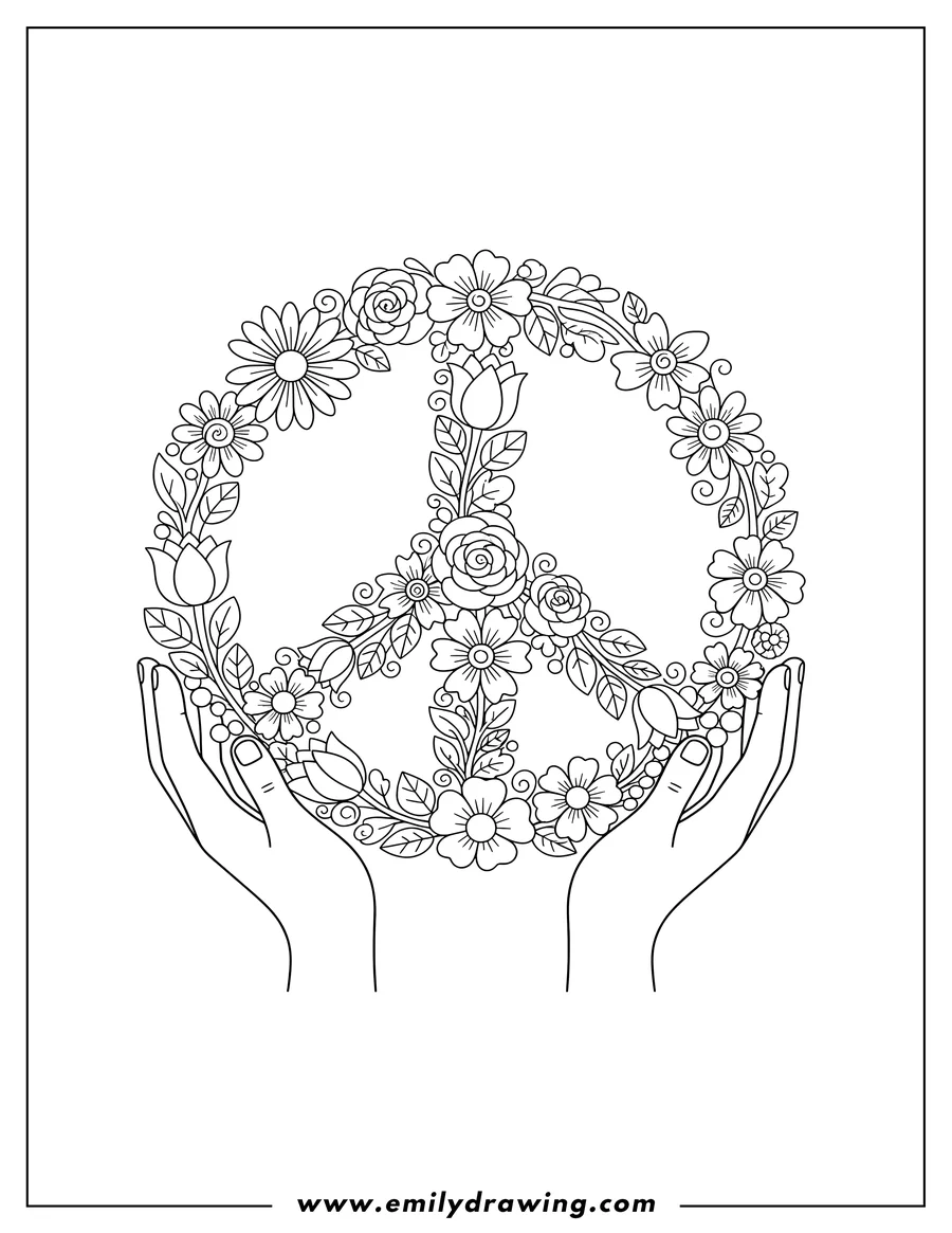 Doodle style coloring picture of hands gently cupping a floral peace symbol