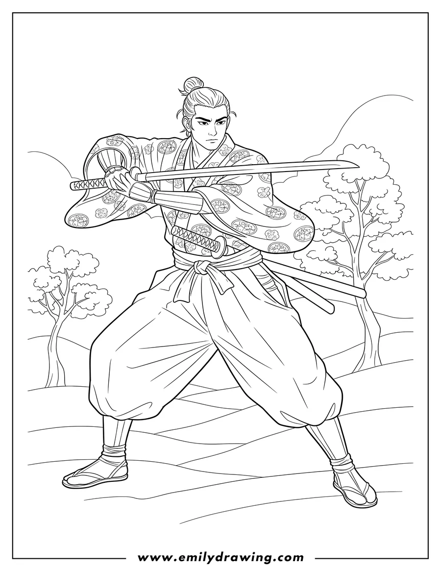 Coloring page of handsome Samurai in a kimono, drawing a katana