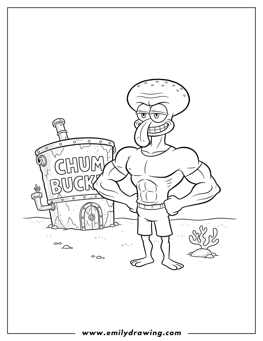 Coloring page of handsome Squidward flexing with hands on hips in front of the Chum Bucket
