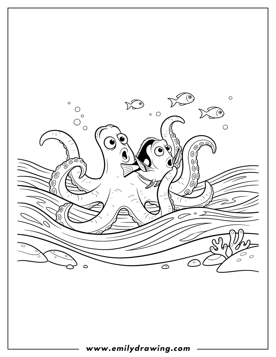 Full page coloring image of hank And Dory Crossing Ocean, with Hank holding Dory, both looking up surprised