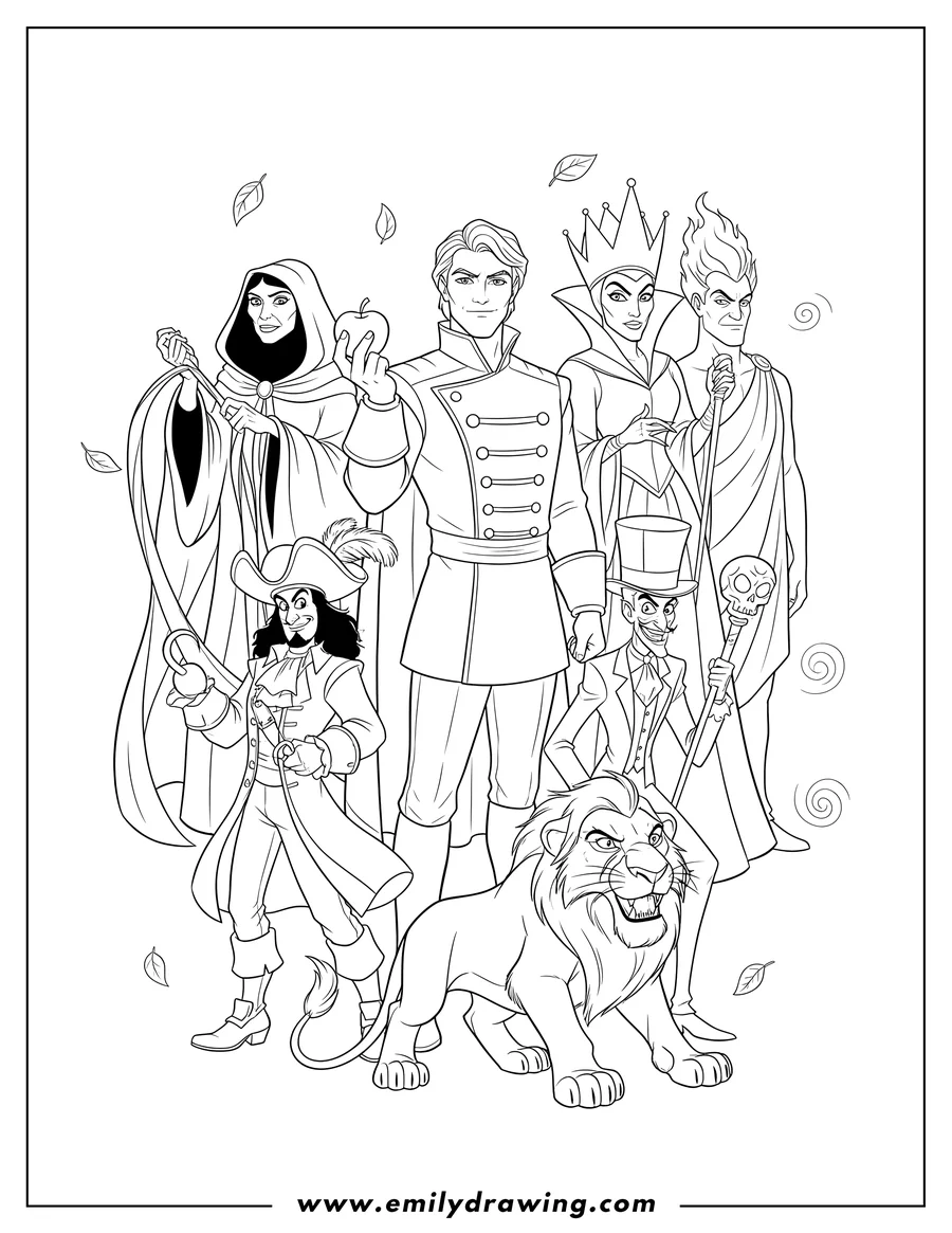 Vector style outline of hans holding an apple, Queen Grimhilde holding a scepter, Mother Gothel in a hooded cloak, Captain Hook, Dr. Facilier, Hades, and Scar the lion