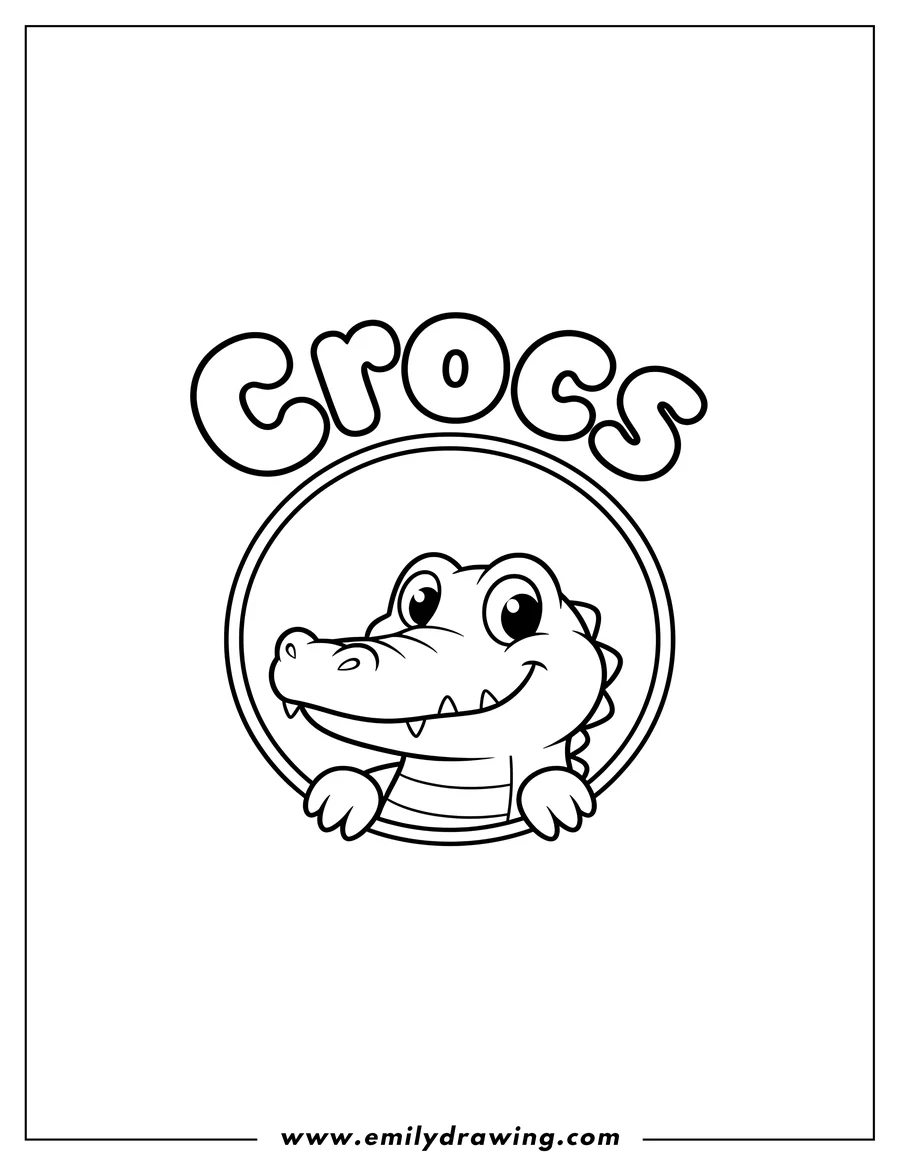Outline drawing of crocs Logo featuring a happy alligator peeking from a circle, with the word 'Crocs' in bubble letters