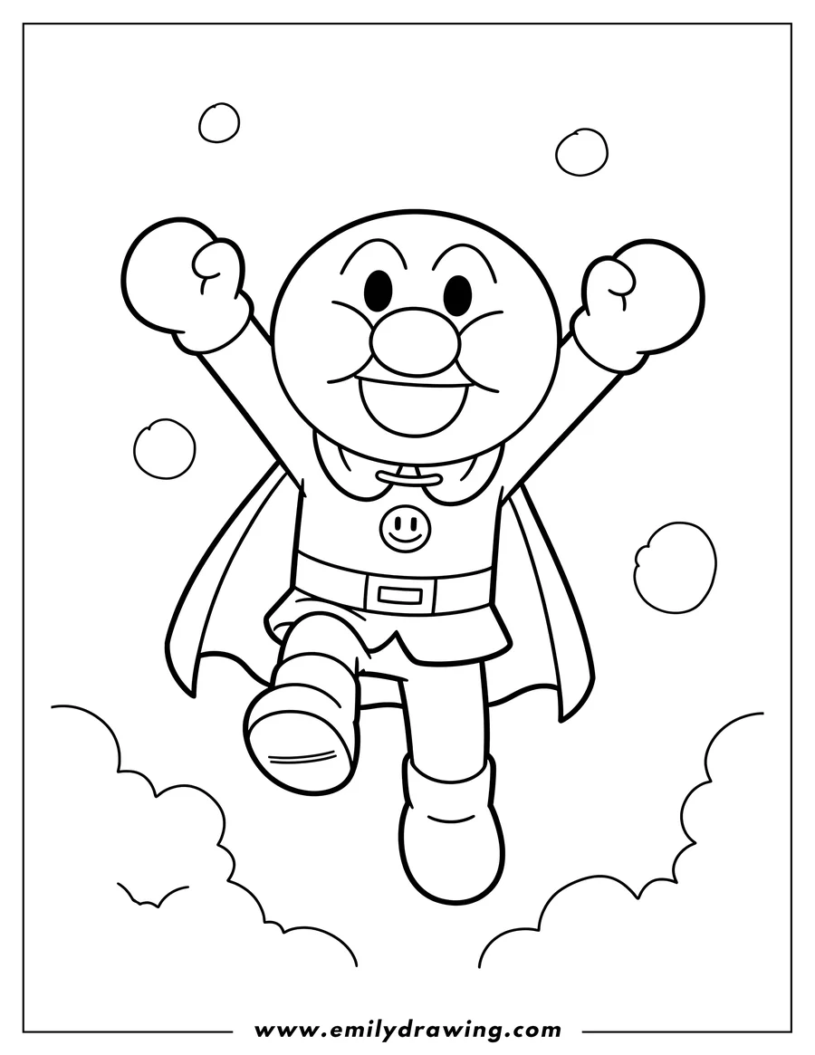 Simple sketch of happy Anpanman raising arms and lifting one leg to color