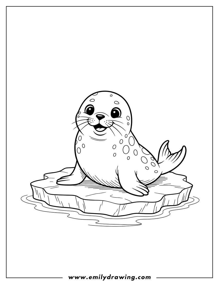 Free to print drawing of happy arctic baby seal with spots sitting on an ice floe