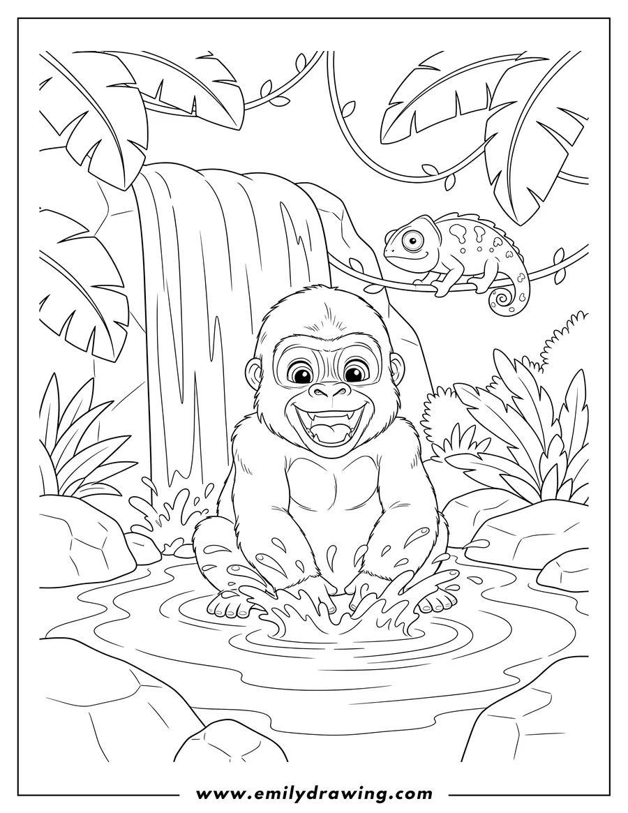 Full page coloring image of happy Baby Gorilla sitting and splashing water in a jungle waterfall