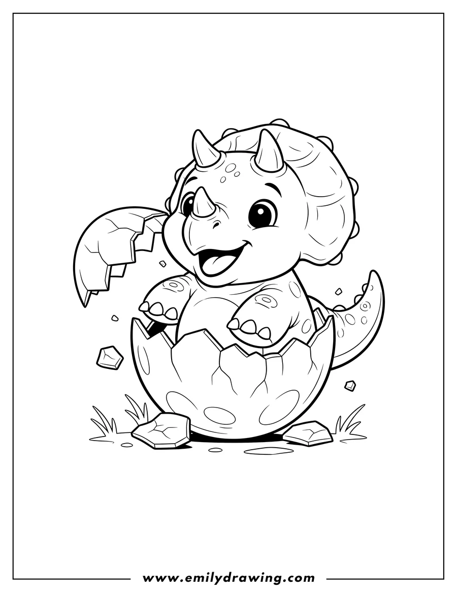 Free to print drawing of happy baby Triceratops smiling and hatching from a cracked egg