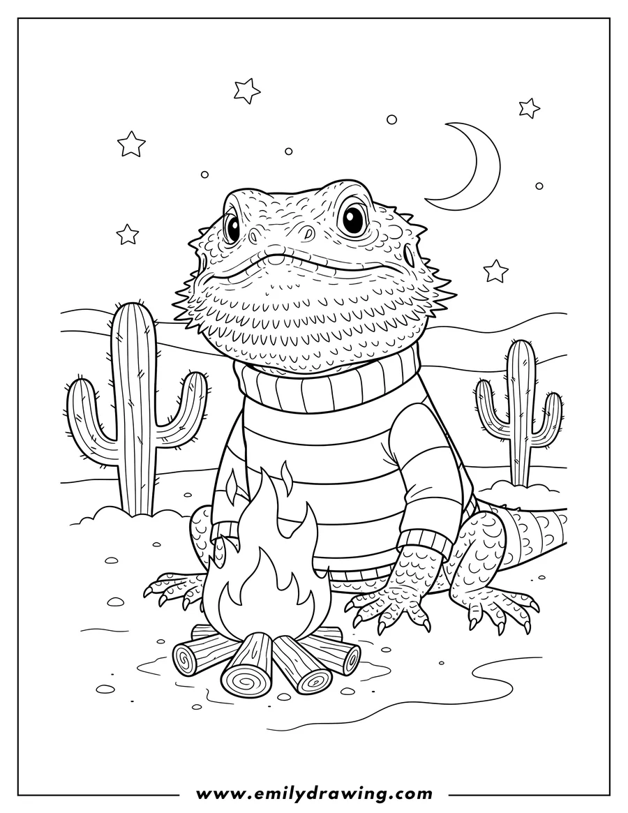 Outline drawing of happy Bearded Dragon wearing a striped sweater sitting by a bonfire in the desert